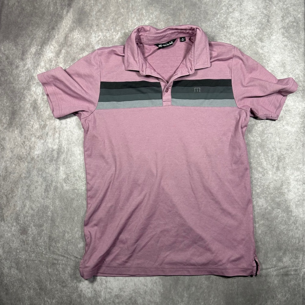 TravisMathew Mens M Mauve Pink Striped Short Sleeve Golf‎ Performance Polo Shirt